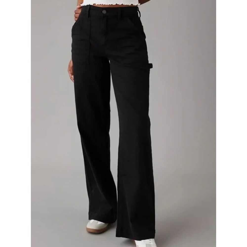 American Eagle AE High Rise Baggy Wide Leg Cargo Jeans Black School Relaxed Emo
